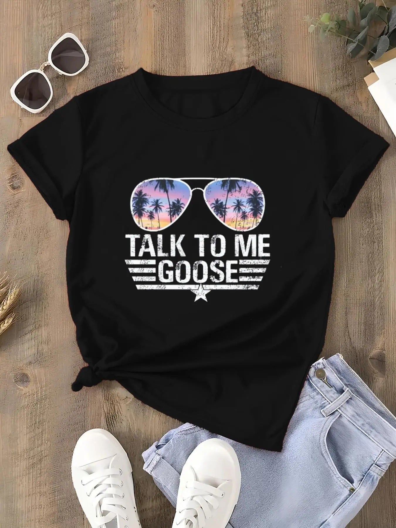 Women's Letter & Palm Tree Print Round Neck Tee, Trendy Casual Sunglasses Print Short Sleeve T-shirt for Daily Wear,...