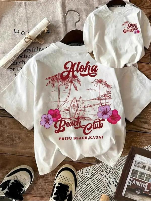 Women's Letter & Palm Tree Print Round Neck Tee, Vintage Trendy Casual Short Sleeve T-shirt for Daily Wear, Ladies Summer...