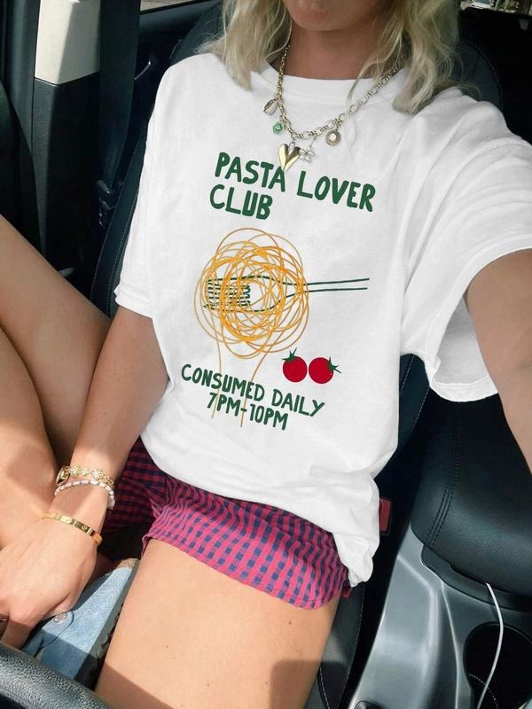 Women's Letter & Pasta Print Round Neck Tee, Casual Short Sleeve Crew Neck T-Shirt for Summer, Fashion Women's Top for...