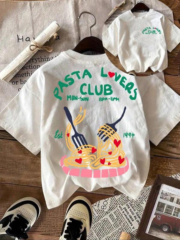 Women's Letter & Pasta Print Round Neck Tee, Vintage Trendy Casual Short Sleeve T-shirt for Daily Wear, Ladies Summer...