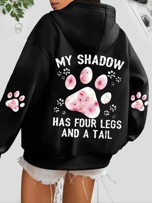 Women's Letter & Paw Print Drop Shoulder Hoodie, Fashion Casual Drawstring Pocket Hooded Sweatshirt for Daily Holiday...