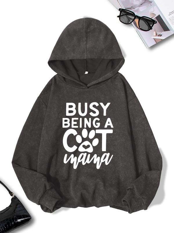 Women's Letter & Paw Print Drop Shoulder Hoodie, Fashion Casual Hooded Sweatshirt for Daily Holiday Outdoor Wear, Ladies...