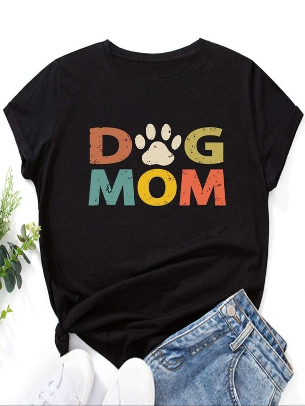 Women's Letter & Paw Print Round Neck Graphic Tee, Trendy Casual Short Sleeve T-shirt for Daily Wear, Ladies Summer...