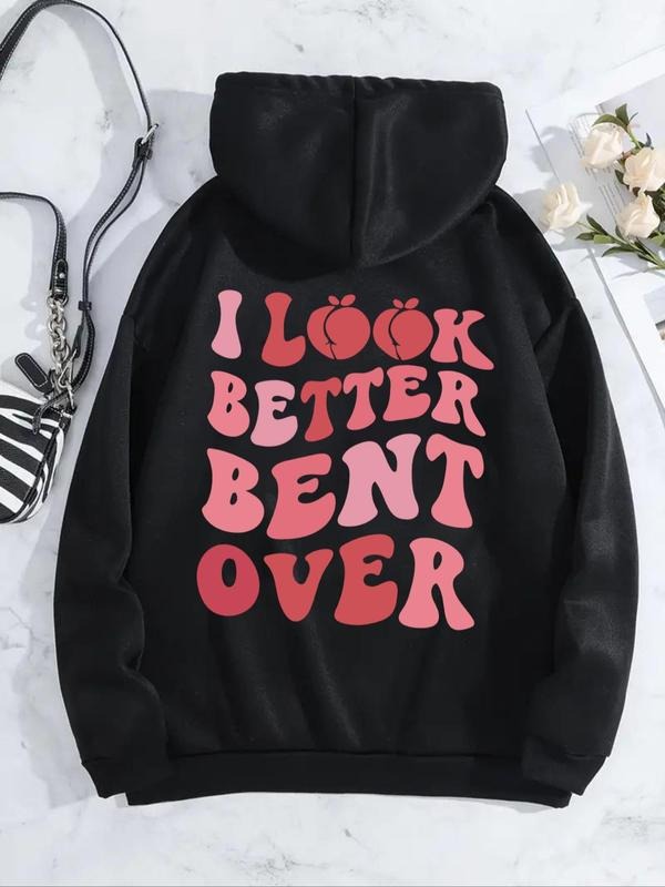 Women's Letter & Peach Print Drop Shoulder Hoodie, Fashion Casual Drawstring Pocket Hooded Sweatshirt for Daily Holiday...