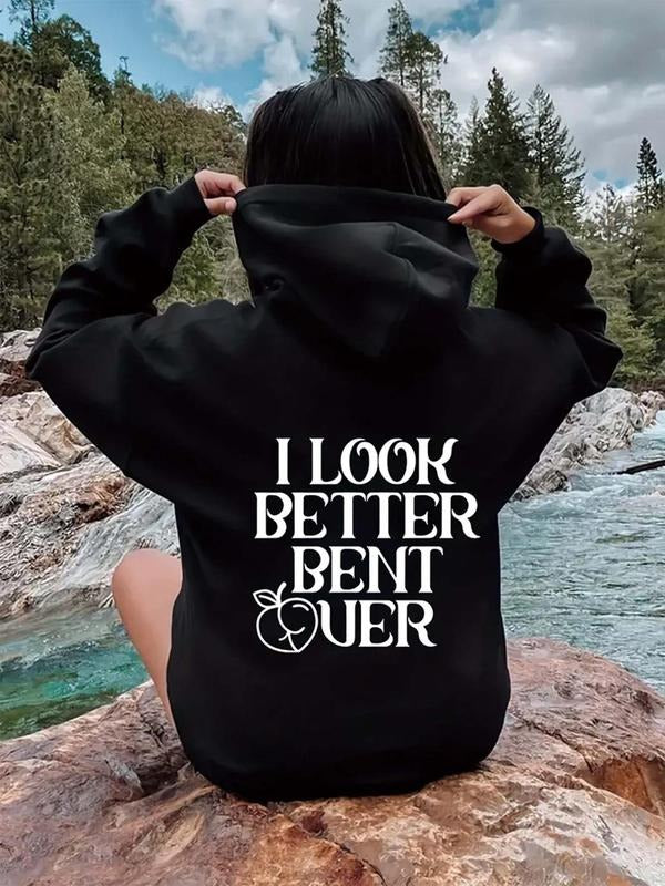 Women's Letter & Peach Print Drop Shoulder Hoodie, Fashion Casual Drawstring Pocket Hooded Sweatshirt for Daily Holiday...