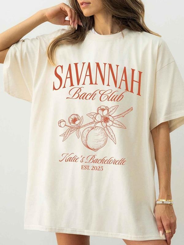Women's Letter & Peach Print Round Neck Tee, Casual Short Sleeve Crew Neck T-Shirt for Summer, Fashion Women's Top for...