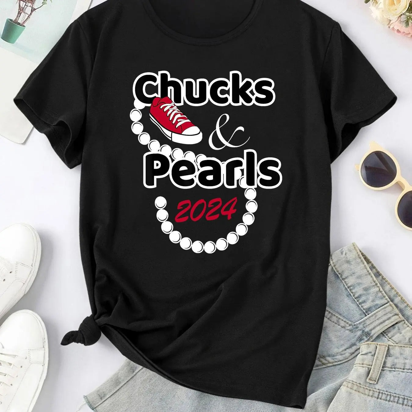Women's Letter & Pearls Print Crew Neck Tee, Casual Short Sleeve T-shirt for All Seasons, Fashion Women's Top for Daily...