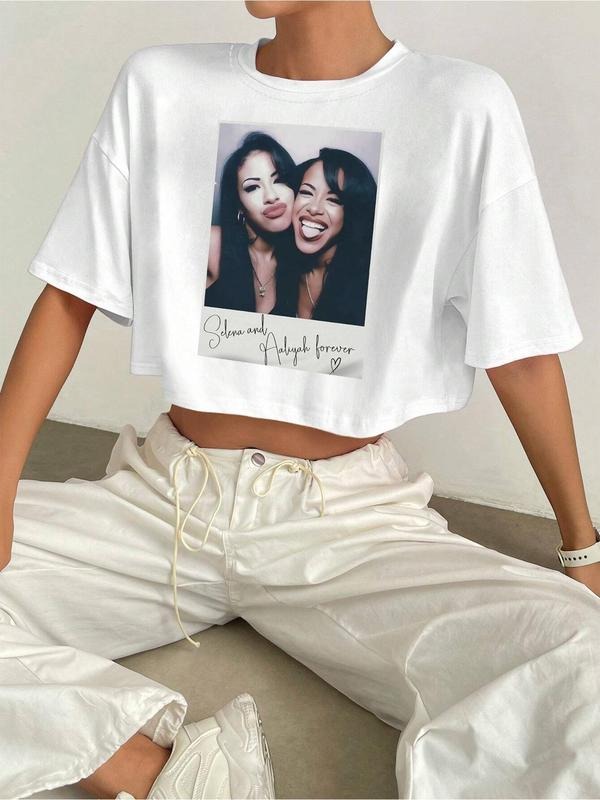 Women's Letter & Photo Print Round Neck Graphic Tee, Vintage Trendy Casual Short Sleeve T-shirt for Daily Wear, Ladies...