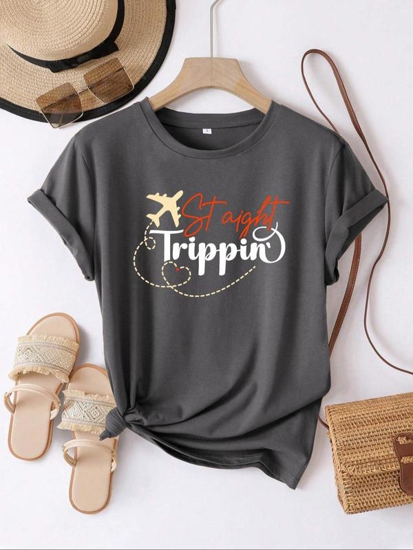 Women's Letter & Plane Print Round Neck Tee, Casual Short Sleeve T-shirt for Daily Vacation Wear, Ladies Clothes for All...