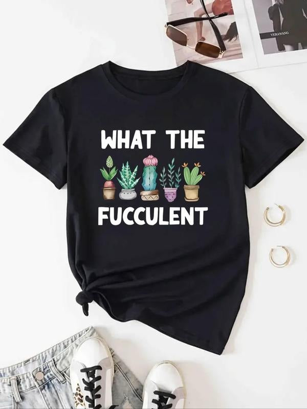 Women's Letter & Plants Print Round Neck  Tee, Vintage Trendy Casual Short Sleeve T-shirt for Daily Wear, Ladies Summer...