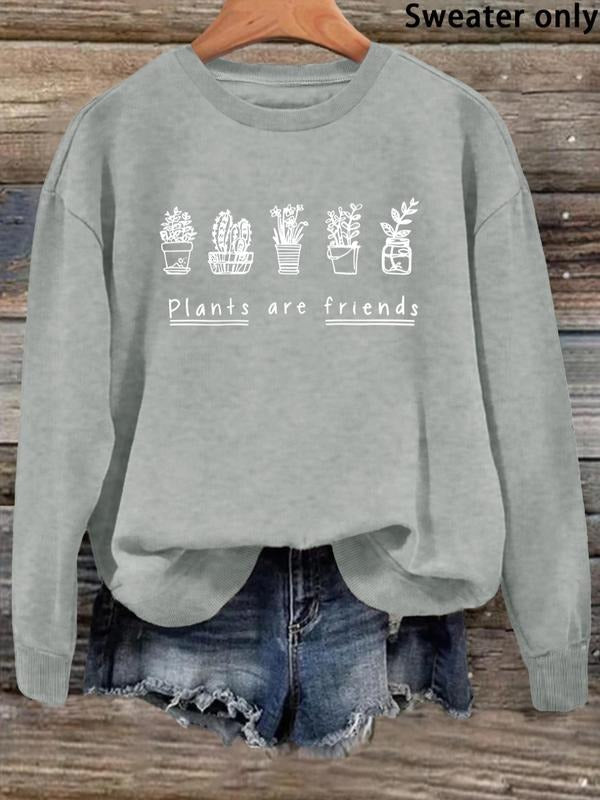 Women's Letter & Plants Print Round Neck Sweatshirt, Casual Long Sleeve Crew Neck Pullover for Daily Wear, Ladies Clothes...