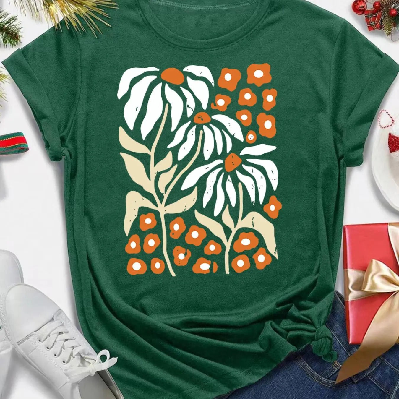 Women's Letter & Plants Print Round Neck Tee, Casual Short Sleeve Crew Neck T-shirt for All Seasons, Fashion Women's Top...