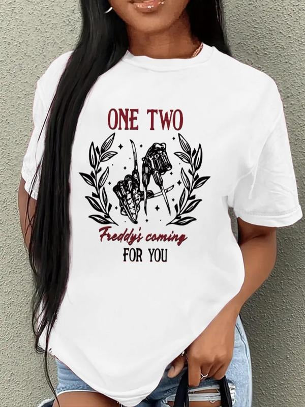 Women's Letter & Plants Print Round Neck Tee, Casual Short Sleeve Crew Neck T-shirt for Summer, Fashion Women's Top for...
