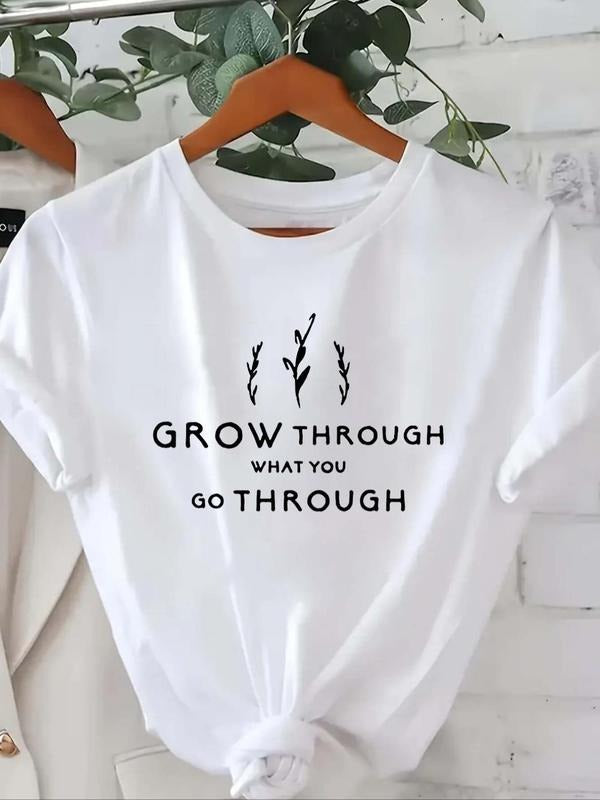 Women's Letter & Plants Print Round Neck Tee, Casual Short Sleeve Graphic T-shirt, Ladies Summer Outfit for Daily Wear...
