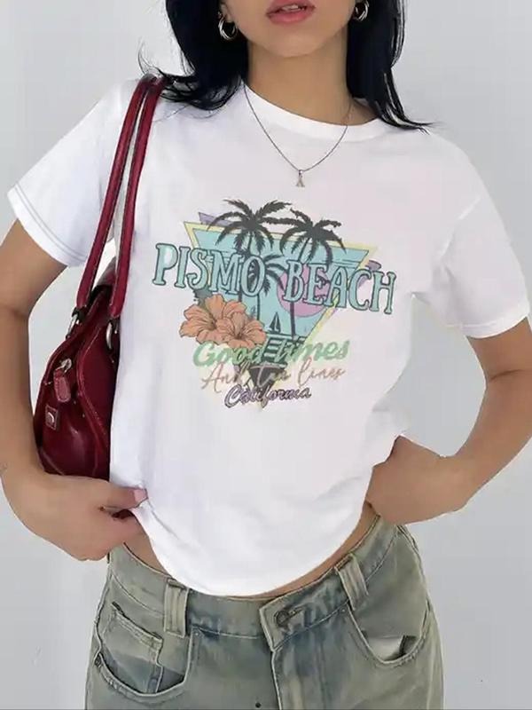 Women's Letter & Plants Print Round Neck Tee, Casual Short Sleeve Graphic T-shirt, Ladies Summer Outfit Hoodie, Sweatshirt