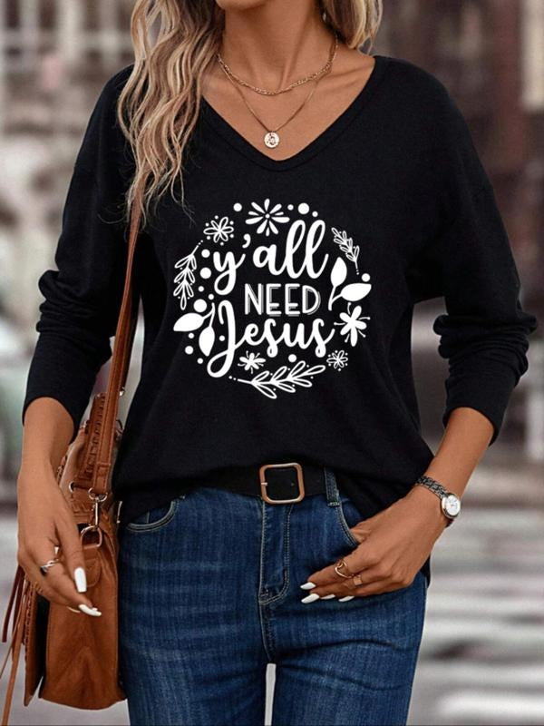 Women's Letter & Plants Print V Neck Tee, Casual Long Sleeve Graphic T-shirt, Fashion Ladies' Fall Top for Daily Wear...