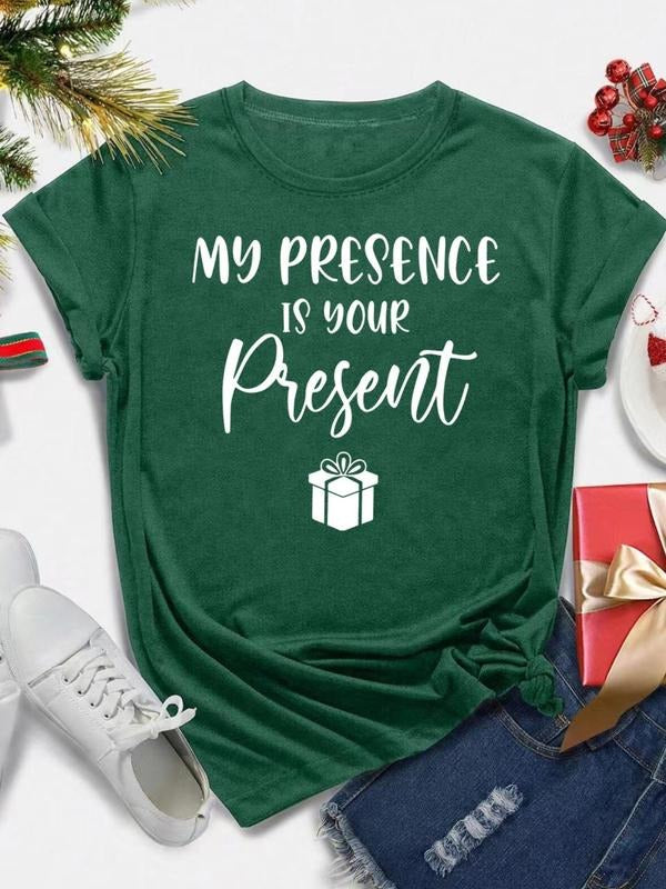 Women's Letter & Present Print Round Neck Tee, Trendy Casual Short Sleeve T-Shirt for Daily Wear, Ladies All Seasons...
