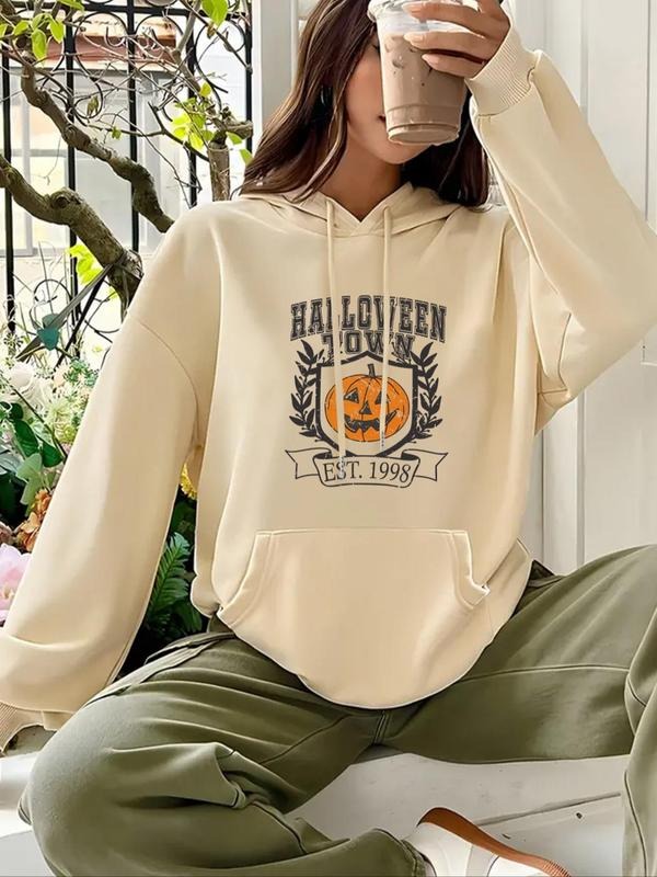 Women's Letter & Pumpkin & Number Print Drop Shoulder Hoodie, Fashion Casual Drawstring Pocket Hooded Sweatshirt for...