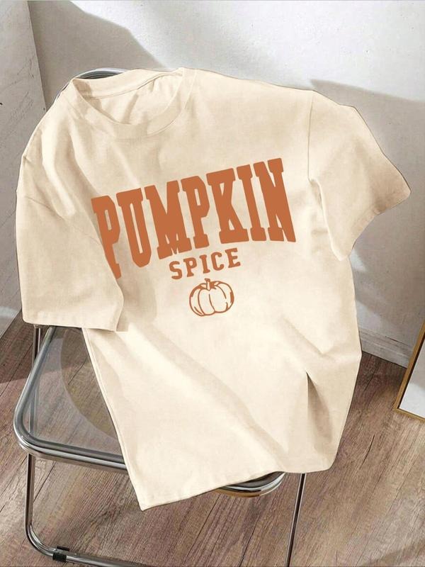 Women's Letter & Pumpkin Print Round Neck Tee, Casual Short Sleeve Crew Neck T-Shirt for All Seasons, Fashion Women's Top...