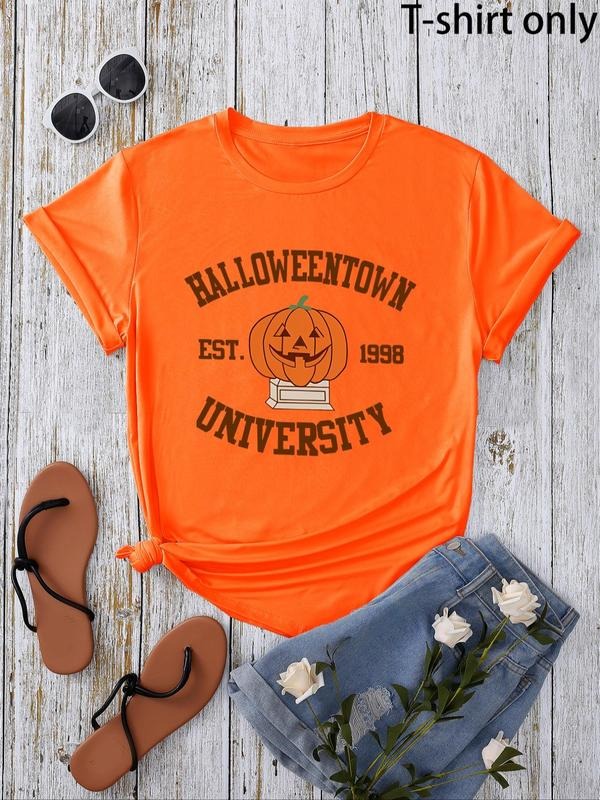 Women's Letter & Pumpkin Print Round Neck Tee, Casual Short Sleeve Crew Neck T-Shirt for Summer, Fashion Women's Top for...