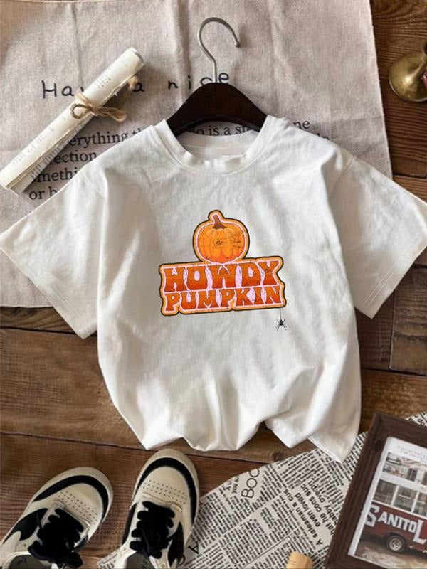 Women's Letter & Pumpkin Print Round Neck Tee, Casual Short Sleeve Crew Neck T-Shirt, Women's Top for Daily Wear,...