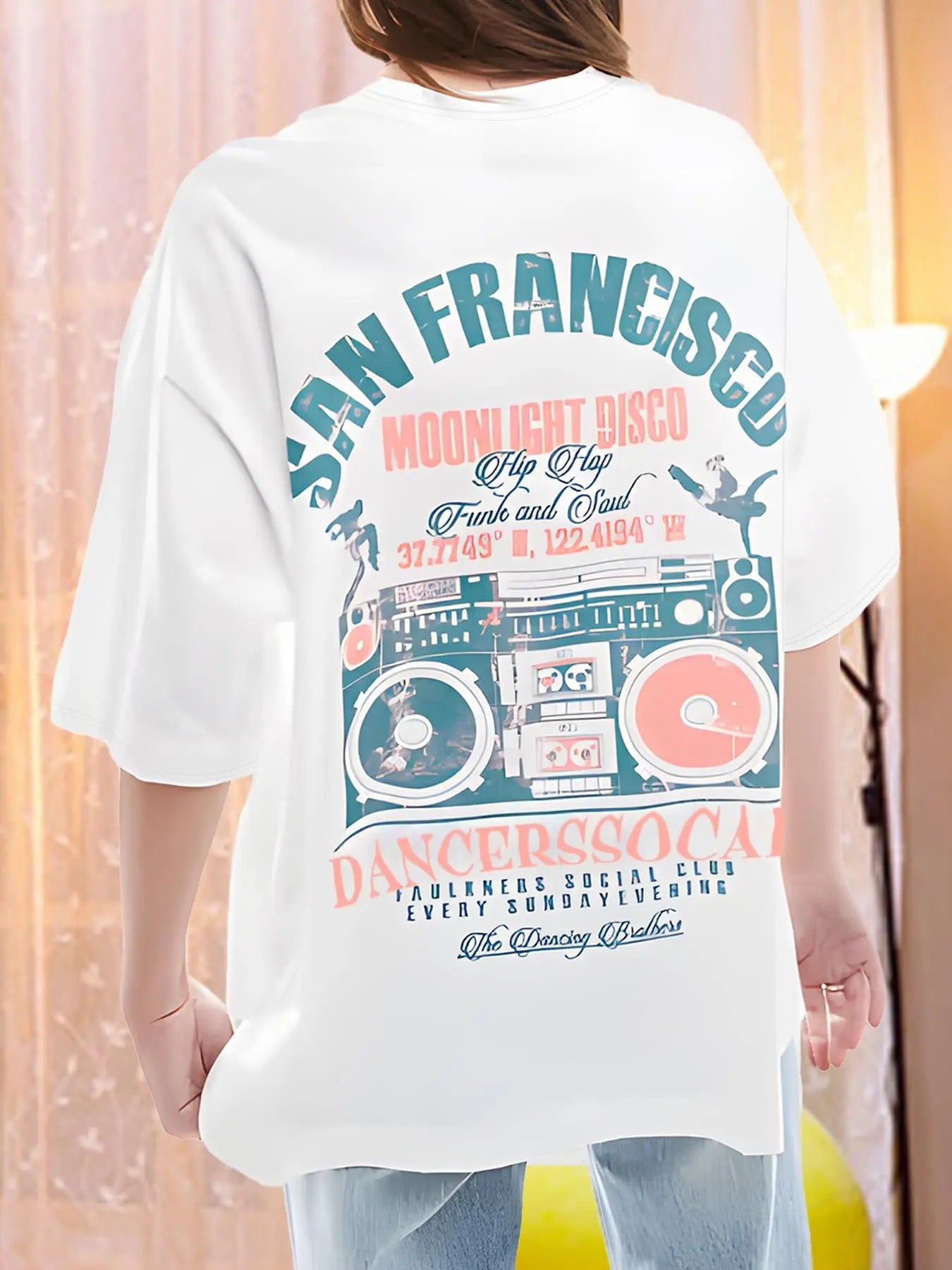 Women's Letter & Radio Print Round Neck Tee, Casual Half Sleeve Crew Neck T-shirt for Daily Wear, Ladies Clothes for All...