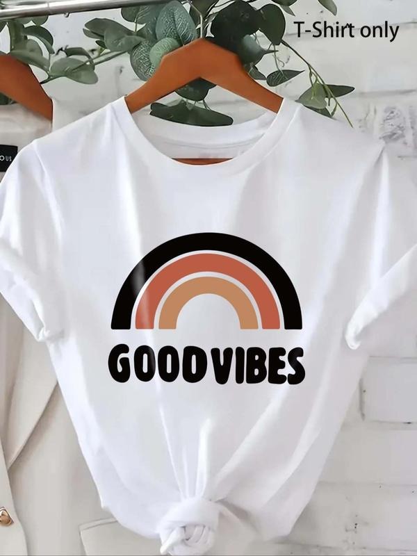 Women's Letter & Rainbow Print Round Neck Tee, Trendy Casual Crew Neck Short Sleeve T-shirt for Daily Wear, Ladies Summer...