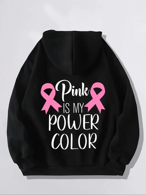 Women's Letter & Ribbon Print Drop Shoulder Hoodie, Fashion Casual Drawstring Pocket Hooded Sweatshirt for Daily Holiday...