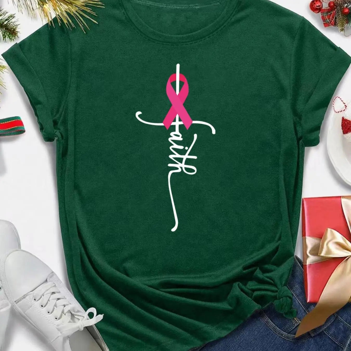 Women's Letter & Ribbon Print Round Neck Tee, Casual Short Sleeve Crew Neck T-shirt for All Seasons, Fashion Women's Top...