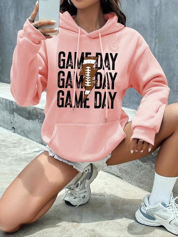 Women's Letter & Rugby Print Drop Shoulder Hoodie, Fashion Casual Drawstring Pocket Hooded Sweatshirt for Daily Holiday...