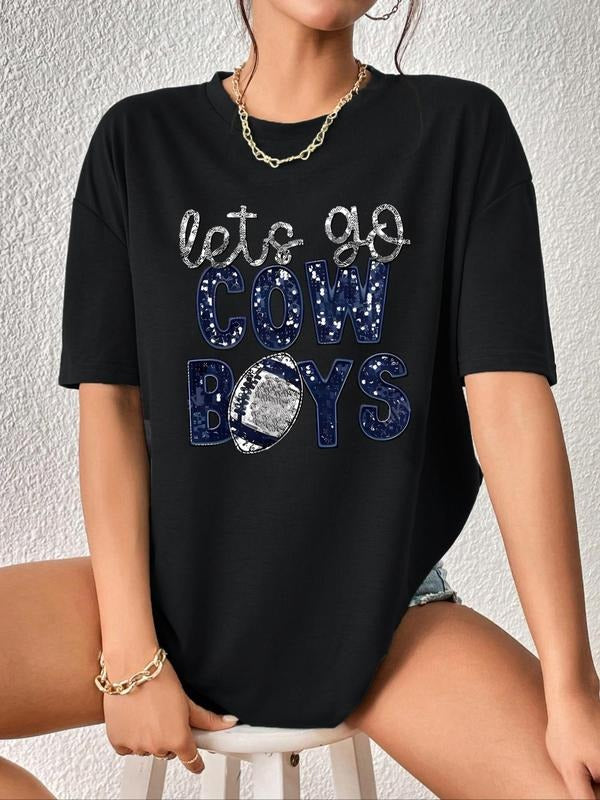 Women's Letter & Rugby Print Drop Shoulder Tee, Casual Short Sleeve Round Neck T-shirt for Fall & Winter, Women's Top for...