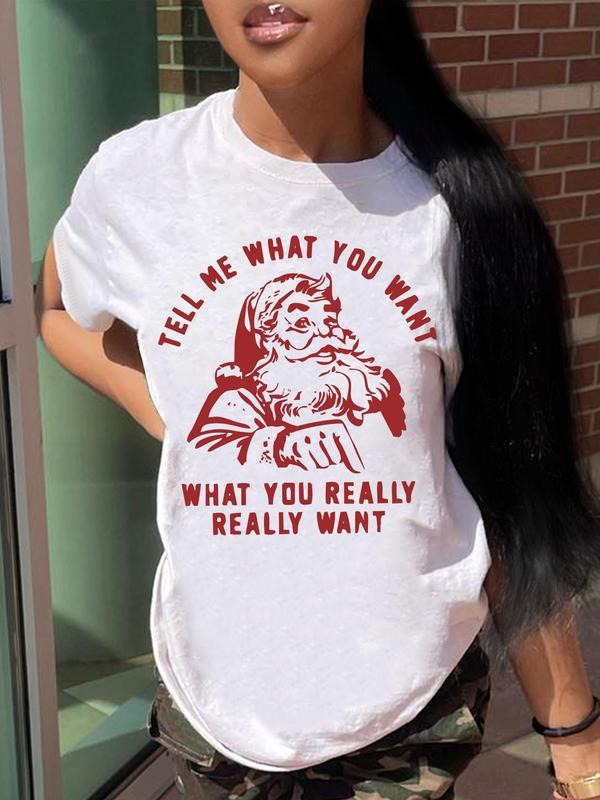 Women's Letter & Santa Claus Print Round Neck Tee, Vintage Trendy Casual Short Sleeve T-shirt for Daily Wear, Ladies All...