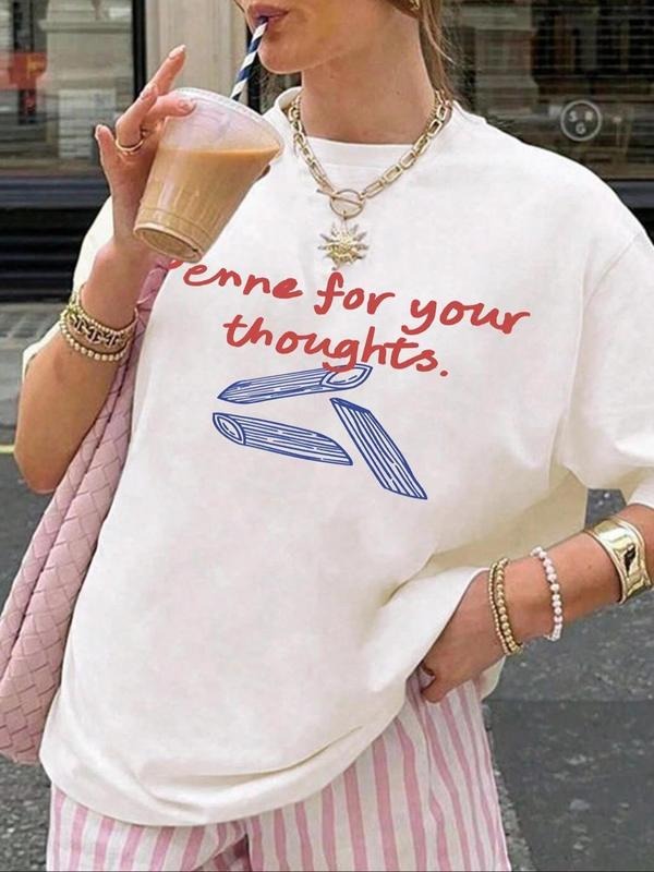 Women's Letter & Scissors Print Round Neck Tee, Vintage Trendy Casual Short Sleeve T-shirt for Daily Wear, Ladies Summer,...