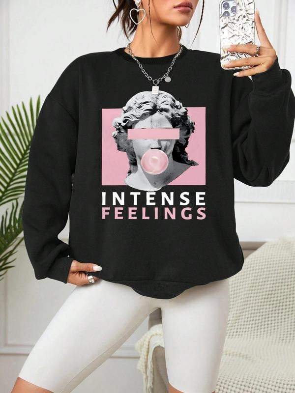 Women's Letter & Sculpture Print Drop Shoulder Sweatshirt, Casual Long Sleeve Round Neck Pullover for Daily Wear, Ladies...