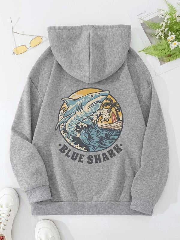 Women's Letter & Shark Print Drawstring Pocket Hoodie, Casual Long Sleeve Hooded Sweatshirt for Fall & Winter, Ladies...