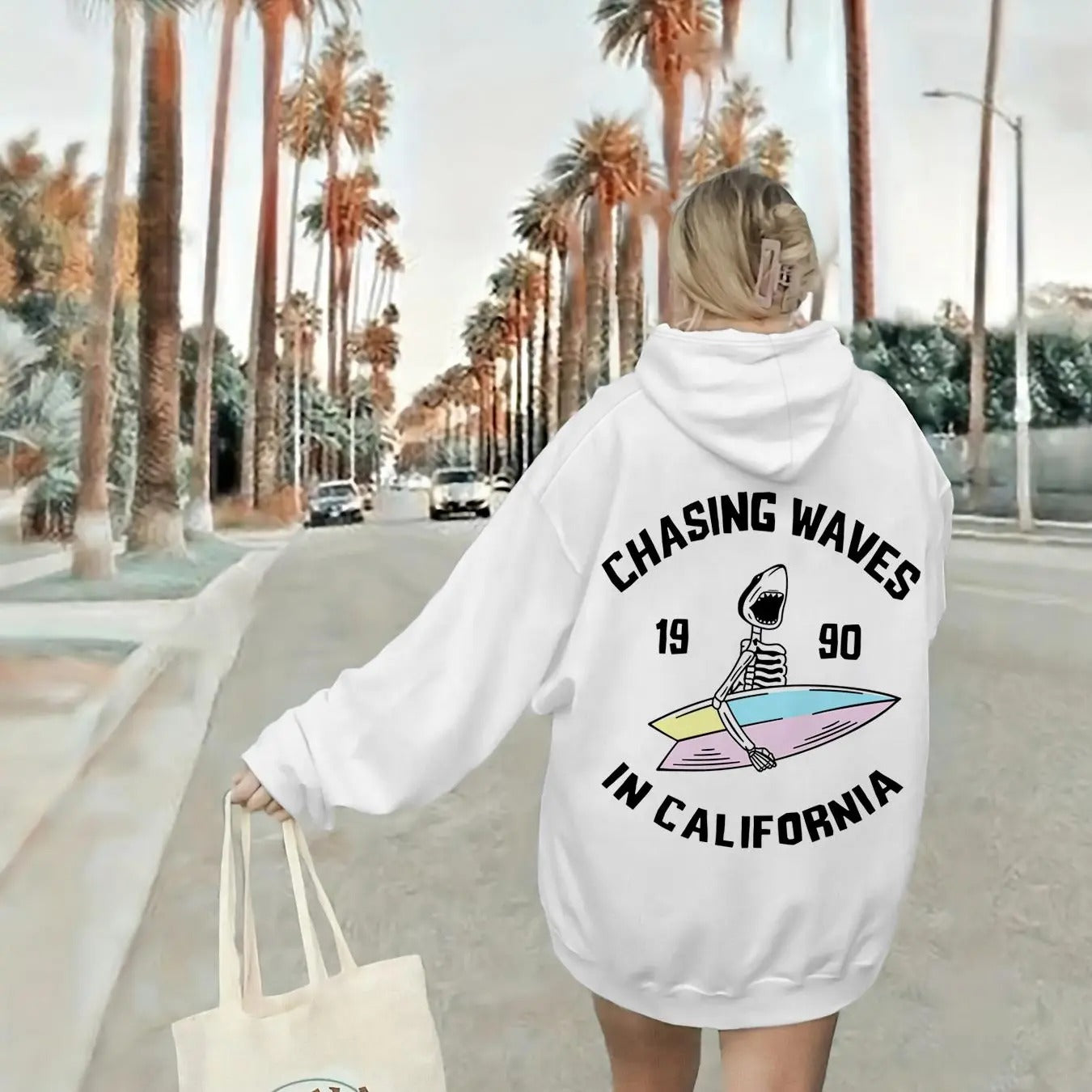 Women's Letter & Shark Print Drop Shoulder Hoodie, Fashion Casual Long Sleeve Hooded Sweatshirt for Daily Holiday Outdoor...