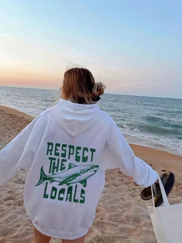 Women's Letter & Shark Print Pocket Drop Shoulder Hoodie, Fashion Casual Hooded Sweatshirt for Daily Holiday Outdoor...