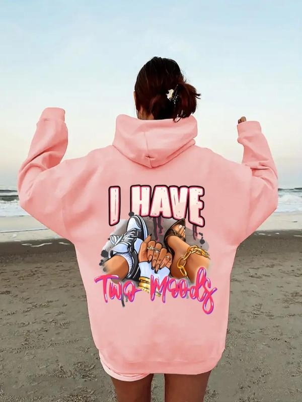 Women's Letter & Shoes Print Drop Shoulder Hoodie, Fashion Casual Drawstring Pocket Hooded Sweatshirt for Daily Holiday...