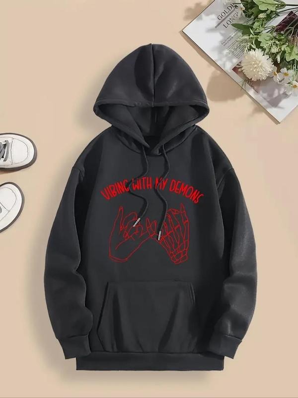 Women's Letter & Skeleton Hand Print Drawstring Drop Shoulder Hoodie, Fashion Casual Pocket Hooded Sweatshirt for Daily...