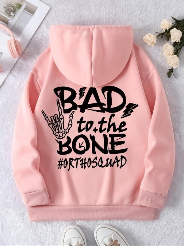 Women's Letter & Skeleton Hand Print Drop Shoulder Hoodie, Fashion Casual Drawstring Pocket Hooded Sweatshirt for Daily...