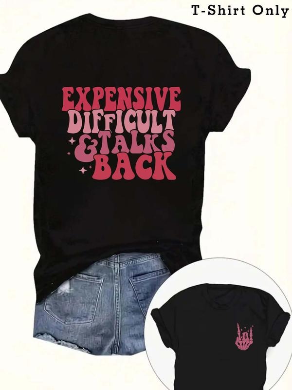 Women's Letter & Skeleton Hand Print Round Neck Graphic Tee, Vintage Trendy Casual Short Sleeve T-shirt for Daily Wear,...