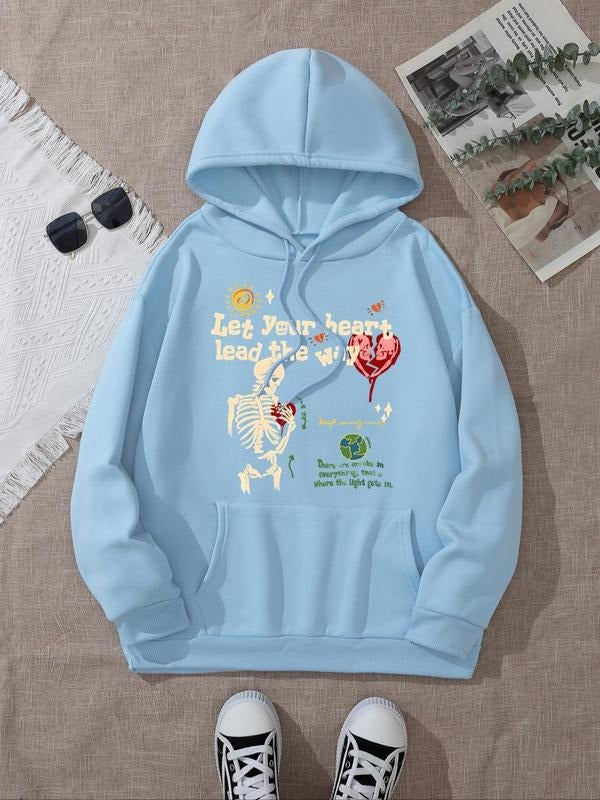 Women's Letter & Skeleton Print Drop Shoulder Hoodie, Fashion Casual Drawstring Pocket Hooded Sweatshirt for Daily...