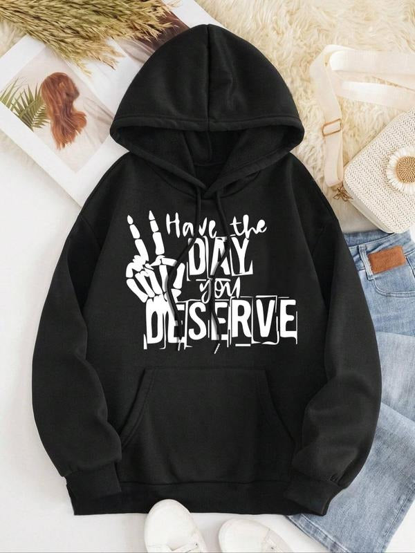 Women's Letter & Skeleton Print Drop Shoulder Hoodie, Fashion Casual Drawstring Pocket Hooded Sweatshirt for Daily...