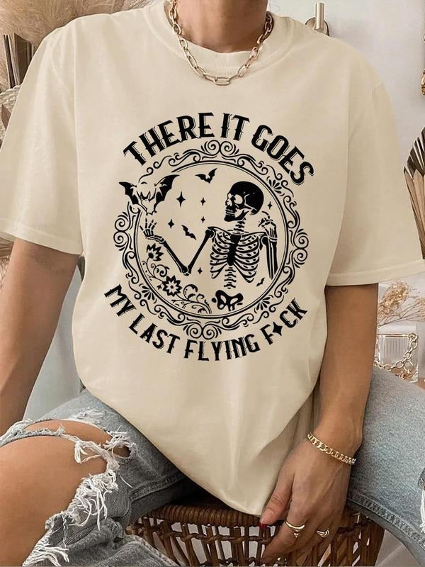 Women's Letter & Skeleton Print Round Neck Drop Shoulder Tee, Fashion Casual Crew Neck T-shirt for Daily Holiday Vacation...