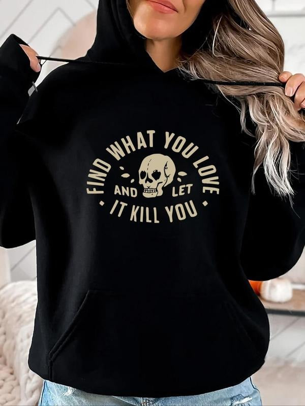 Women's Letter & Skull Print Drop Shoulder Hoodie, Fashion Casual Drawstring Pocket Hooded Sweatshirt for Daily Holiday...