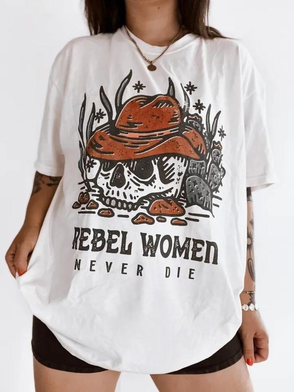 Women's Letter & Skull Print Drop Shoulder Tee, Casual Half Sleeve Round Neck T-Shirt for Summer, Women's Top for Daily...