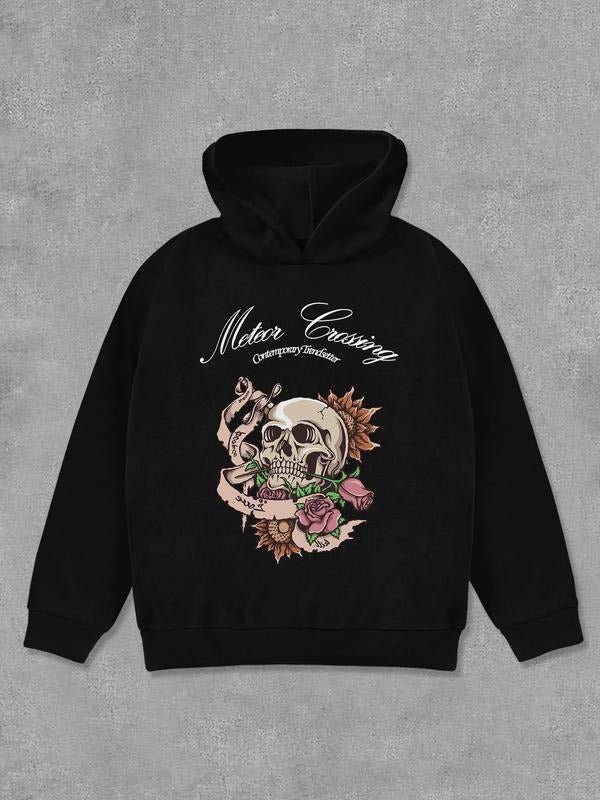 Women's Letter & Skull Print Hoodie, Casual Comfortable Regular Fit Long Sleeve Hooded Sweatshirt for Daily Wear, Women's...