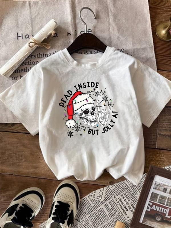 Women's Letter & Skull Print Round Neck Tee, Trendy Casual Short Sleeve T-shirt for Daily Wear, Ladies Summer Outfit...