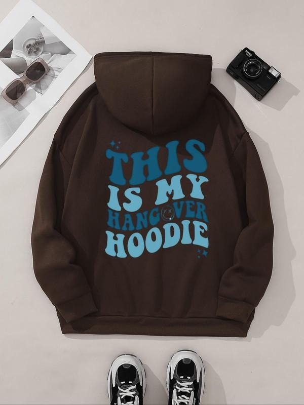 Women's Letter & Smile Face Print Drop Shoulder Hoodie, Fashion Casual Drawstring Pocket Hooded Sweatshirt for Daily...