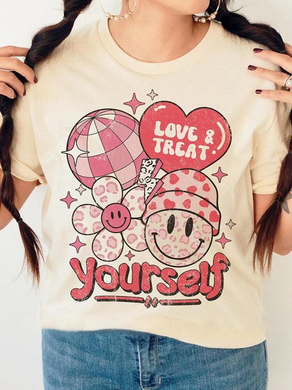Women's Letter & Smile Face Print Round Neck Tee, Casual Short Sleeve Crew Neck T-shirt for Summer, Women's Top for Daily...